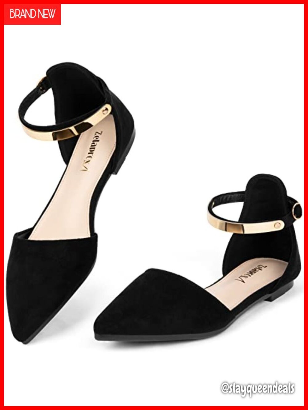 Women's Pointed Toe Flats Dressy Shoe Suede Gold Ankle Strap